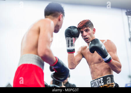 Norwegen, Bergen - Juni 09., 2017. Die norwegische Boxer Hadi und Mohammed Srour Asgharin (in Rot) treffen sich im Ring während des Kampfes der Schlacht von Bergen in Bergen. (Foto: Gonzales Foto - Jarle H. Moe). Stockfoto