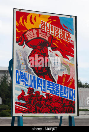 Propaganda Plakatwand in Hungnam Stickstoff-dünger Pflanze, Provinzen Süd-Hamgyong Provinz, Hamhung, Nordkorea Stockfoto