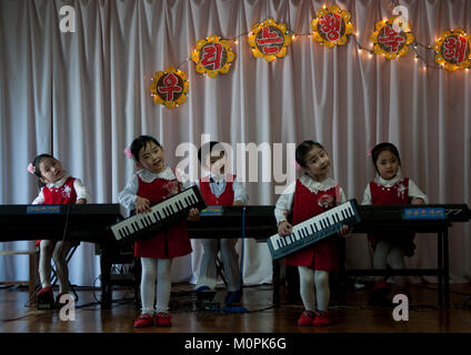 Nordkoreanische Kinder Musizieren im Kwangbok Schule, Pyongan Provinz, Pyongyang, Nordkorea Stockfoto