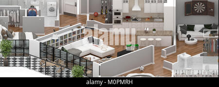 Grundriss eines Hauses Ansicht 3D-Abbildung. Offenes Konzept living Apartment Layout Stockfoto