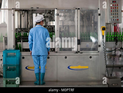 Nordkoreanische Arbeitnehmerin in kangso yaksu Mineralwasser Fabrik, Süd-pyongan Provinz, Nampo, Nordkorea Stockfoto