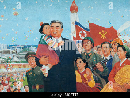 Propaganda Fresko Kim Il Sung und nordkoreanischen Bevölkerung, Pyongan Provinz, Pyongyang, Nordkorea Stockfoto