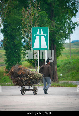 Nordkoreanische Mann mit einem Wagen voll von Holz in der demilitarisierten Zone autobahn,Hwanghae Province, Panmunjom, Nordkorea Stockfoto