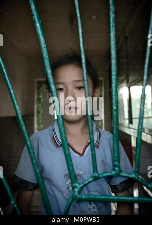 Porträt eines nordkoreanischen Mädchen hinter den Gittern eines Fensters, Kangwon Provinz, Chonsam kooperative Farm, Nordkorea Stockfoto