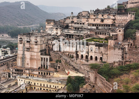 Die atmosphärischen ruiniert Bundi Palace, Rajasthan, Indien Stockfoto