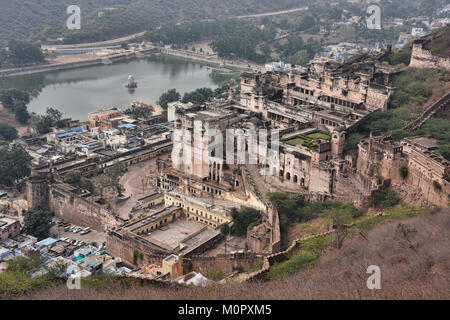 Die atmosphärischen ruiniert Bundi Palace, Rajasthan, Indien Stockfoto