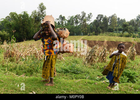 Kongolesische Frauen tragen schwerer Lehm Krüge für eine lange Strecke zurück in ihr Dorf. Stockfoto