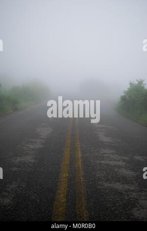 Foggy Squaw Peak Road abgedeckt in Nebel und Wolken Stockfoto