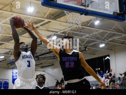 Wellington, Florida, USA. 23 Jan, 2018. Wellington vorwärts Texan Molton (3) Schlachten Palm Beach Gardens, Daniel Lopez (23.) für einen Aufschwung in der ersten Hälfte beim Basketballspiel zwischen Wellington und Palm Beach Gardens in Wellington, FL, am Dienstag, 23. Januar 2018. Quelle: Andres Leiva/der Palm Beach Post/ZUMA Draht/Alamy leben Nachrichten Stockfoto