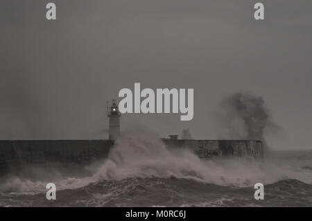 Newhaven, East Sussex, Großbritannien. Januar 2018. Wetter in Großbritannien. Starker Wind und reißender Regen an der Südküste. Die Wellen schlagen den Westarm und den Leuchtturm in den Pfennig. Stockfoto