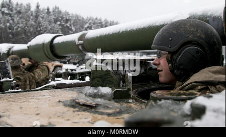 Ein Soldat der Batterie C, 1.BATAILLON, 7 Field Artillery Regiment, 2. gepanzerte Brigade Combat Team, 1.Infanterie Division in Fort Riley, Kansas, startet sein Fahrzeug vor Beginn der Ausbildung bei Hohenfels, Deutschland Jan. 22, 2018. Der Soldat ist unter 4.100 Soldaten aus 10 Nationen beteiligten in Alliierten Geist VIII, einer multinationalen Übung entwickelt, um die Bereitschaft und die Fähigkeiten der Teilnehmer zu prüfen. (U.S. Armee Stockfoto