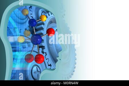3D-Darstellung des Moleküls auf weißem Hintergrund mit blauen Zahnräder Stockfoto
