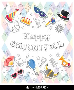 Happy Karneval. Farbige Grusskarten mit lustigen festliche Elemente und Doodles stil Objekte. Alle Elemente sind getrennt. Vector Illustration. Stock Vektor