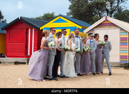 Hochzeit Party im baden Kästen auf der Dendy Street Beach an der Brighton posiert auf Port Phillip Bay, Melbourne, Australien Stockfoto