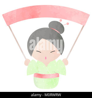 Japanesse Kokeshi Puppe in Aquarell-Effekt Stockfoto