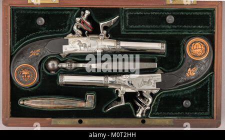 Cased Paar Double-Barreled Turn-Off Flintlock Pistolen MET LC-28 196 5 6 Eine c-007 Stockfoto