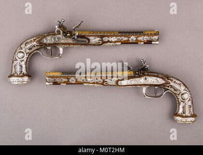 Cased Paar Flintlock Pistolen mit Zubehör MET LC-28 196 1 a b 2 a l-018 Stockfoto