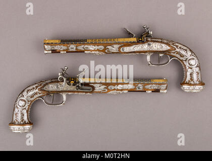 Cased Paar Flintlock Pistolen mit Zubehör MET LC-28 196 1 a b 2 a l-022 Stockfoto