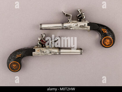 Cased Paar Double-Barreled Turn-Off Flintlock Pistolen MET LC-28 196 5 6 Eine c-030 Stockfoto