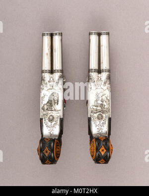 Cased Paar Double-Barreled Turn-Off Flintlock Pistolen MET LC-28 196 5 6 Eine c-031 Stockfoto