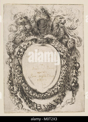 „Cartouche gekrönt von Helm und Leoparden“ ist eine Gravur des italienischen Künstlers Stefano della Bella aus dem Jahr 1647, die eine dekorative Kartusche mit Helm und Leopardenmotiven zeigt. Das Stück ist ein Beispiel für barocke Ornamentkunst. Stockfoto