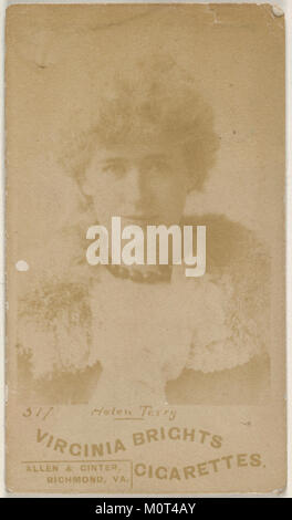 Card 517 zeigt die Schauspielerin Helen Terry aus der Serie „Actors and Actresses“ (N45, Typ 6), die um 1888 von Allen & Ginter herausgegeben wurde, um Virginia Brights Zigaretten zu fördern. Das Albumenfoto misst 15/16 x 11/16 Zoll. Stockfoto
