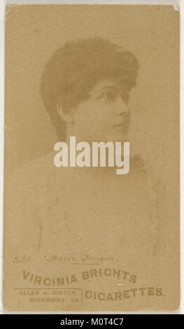Diese Tabakkarte zeigt Marie Jansen aus der Serie „Schauspieler und Schauspielerinnen“ (N45, Typ 6), produziert von Virginia Brights Cigarettes. Die Karte ist Teil der Sammlung des Metropolitan Museums, katalogisiert als DP831185, die Werbeartikel aus dem frühen 20. Jahrhundert mit Theaterpersönlichkeiten hervorhebt. Stockfoto