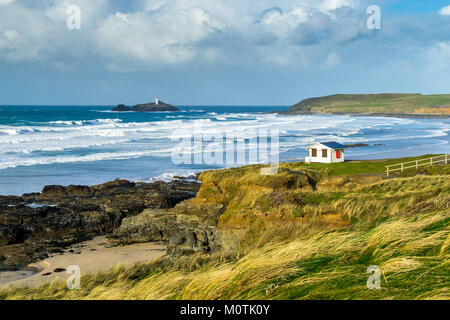 Blick auf die Insel und Godrevy Leuchtturm von gwithian Cornwall England UK Europa Stockfoto