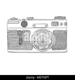 Vintage Retro Foto Kamera mit Blättern Muster auf weißem Hintergrund. Mandala Design. Nach Malbuch. Boho style Vector Illustration. Stock Vektor