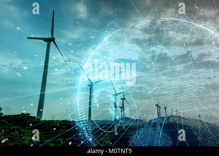 Wind Power Station und globale Kommunikation Konzept. Stockfoto