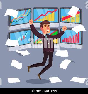 Erfolgreiche Händler Vektor. Börse Diagramm Diagramm. Aufsteigend Diagramme. Analysen der Daten. Auf weissem Zeichentrickfigur Abbildung isoliert Stock Vektor