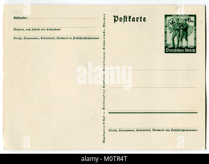 Rückseite des Alten Deutschen Weltkrieg zwei Postkarte (M0 TR4R) eine leere Karte mit gedruckten Stempel "Deutschland und Österreich unter einer Flagge" 6 reichspfennig 1938, ww2 Stockfoto