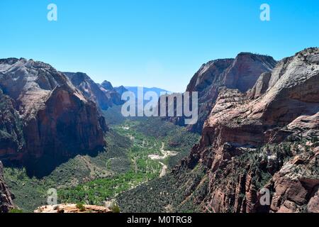 Der Blick von der Spitze des Angels Landing im Zion National Park, Utah. Stockfoto