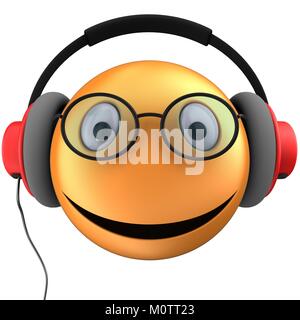 3D-Darstellung der orange Emoticon smile mit roten Kopfhörer auf weißem Hintergrund Stockfoto