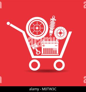 Auto Teile im Supermarkt Trolley. Symbol für Auto Parts Store. Vektor Bild. Stock Vektor