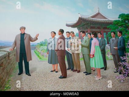 Nordkoreanische Mosaik Fresko Kim Il Sung geben Ratschläge für Menschen während eines Besuchs, Pyongan Provinz, Pyongyang, Nordkorea Stockfoto