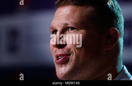 England's Captain Dylan Hartley während der Natwest 6 Nationen starten im Syon Park Hilton, London. Stockfoto