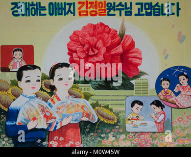 Nordkoreanische Propaganda Poster, die Kinder mit Nahrung, Pyongan Provinz, Pyongyang, Nordkorea Stockfoto