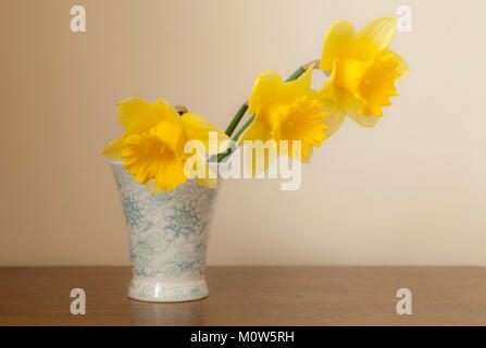 Drei Narzisse resultiert in einer kleinen Vase mit blau Blumendekor shot vor einem neutralen Hintergrund in natürlichem Licht angeordnet. Stockfoto