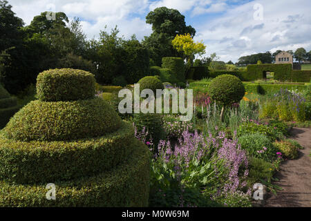 Topiary und bunte krautige Grenzen des Flower Garden mit einem Sommerhaus im Hintergrund, Herterton House Gardens, Northumberland, England Stockfoto