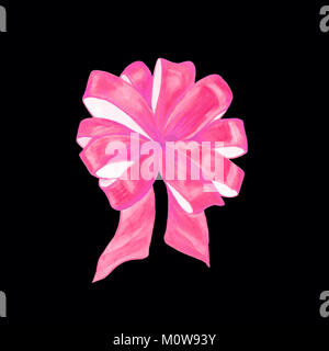 Aquarell Bild eines gebunden Schleife auf einem schwarzen Hintergrund. Isolierte Zeichnung eines Pink Ribbon. Handgefertigte Abbildung. Dekorative Dekoration für Geschenk Stockfoto