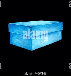 Aquarell Bild von einem blauen Karton. Isolierte Darstellung eines rechteckigen Paket. Handgefertigte Zeichnung auf einem schwarzen Hintergrund. Handbemalte Geschenk bo Stockfoto