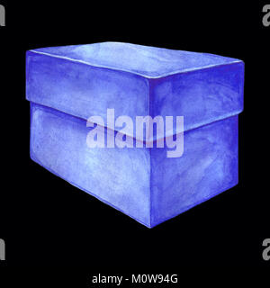 Aquarell Bild von einem blauen Karton. Isolierte Darstellung eines rechteckigen Paket. Handgefertigte Zeichnung auf einem schwarzen Hintergrund. Handbemalte Geschenk bo Stockfoto