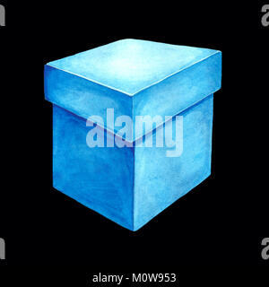 Aquarell Bild aus einem hellblauen Pappkarton. Isolierte Darstellung eines rechteckigen Paket. Handgefertigte Zeichnung auf einem schwarzen Hintergrund. Handbemalte g Stockfoto