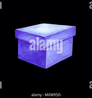 Aquarell Bild von einem blauen Karton. Isolierte Darstellung eines rechteckigen Paket. Handgefertigte Zeichnung auf einem schwarzen Hintergrund. Handbemalte Geschenk bo Stockfoto