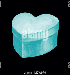 Watercolor Illustration einer Hellblau Karton in der Form eines Herzens Symbol. Isolierte Bild eines Papiers, das Paket auf einem schwarzen Hintergrund. Colorfu Stockfoto