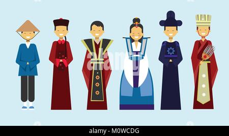Traditionelle asiatische Kleidung Set Menschen tragen schöne Trachten Stock Vektor