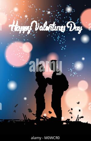 Valentinstag Grusskarten Schwarz Paar Silhouette halten Hände über glühende Bokeh Hintergrund Stock Vektor