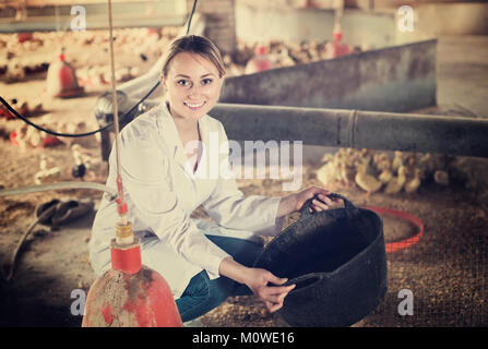 Gerne blonde weibliche Arbeitnehmer im weißen Mantel holding Plastikeimer auf Geflügel Farm Stockfoto