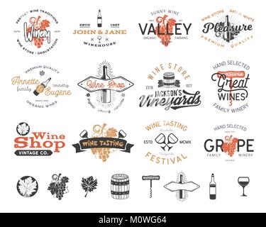 Wein Logos, Etiketten eingestellt. Weingut, Wein Shop, Wein Abzeichen Sammlung. Retro trinken Symbol. Typografische Gestaltung Vector Illustration. Vektor Embleme und Symbole auf weißem Hintergrund Stock Vektor